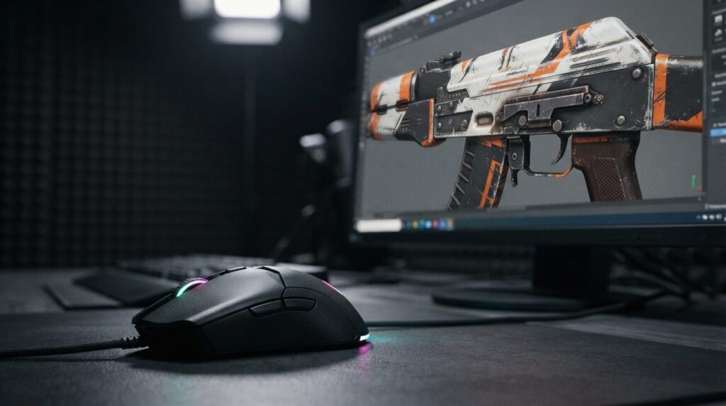 Close-up macro photography of a gaming mouse next to a color
