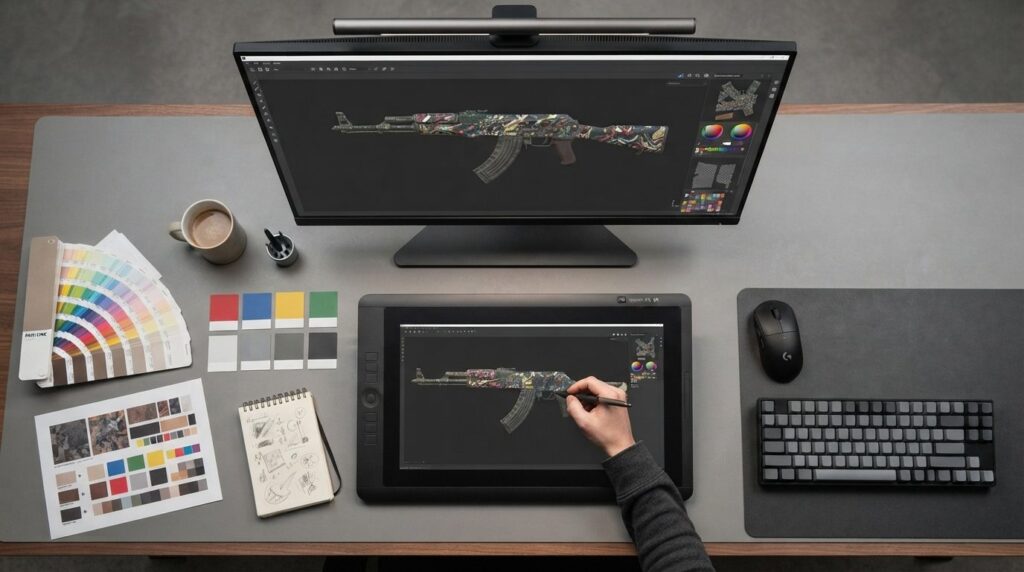 Overhead flat-lay shot of a designers workspace with graphi