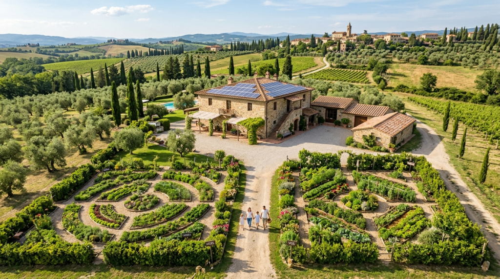 Aerial drone perspective of a sustainable organic farm prope