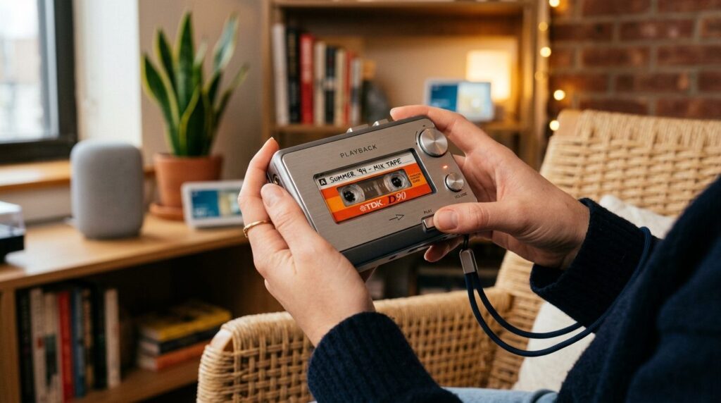 Close-up lifestyle shot of hands holding a compact retro-ins
