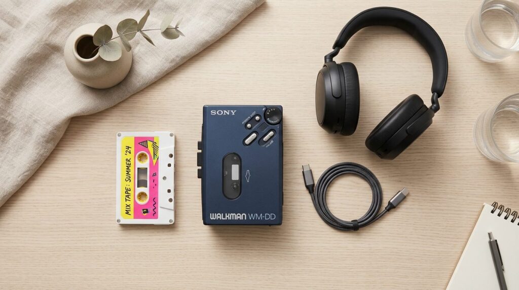 Flat lay composition featuring a portable cassette player al