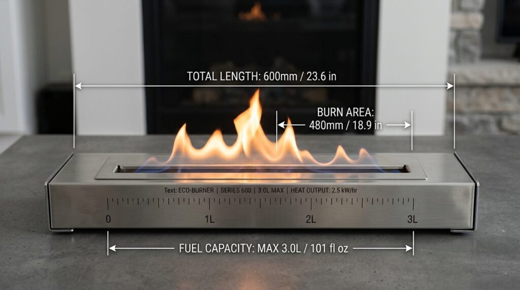 Detaljevis nærbillede af en bioethanolbrænder med brændende flamme og metalkonstruktion.