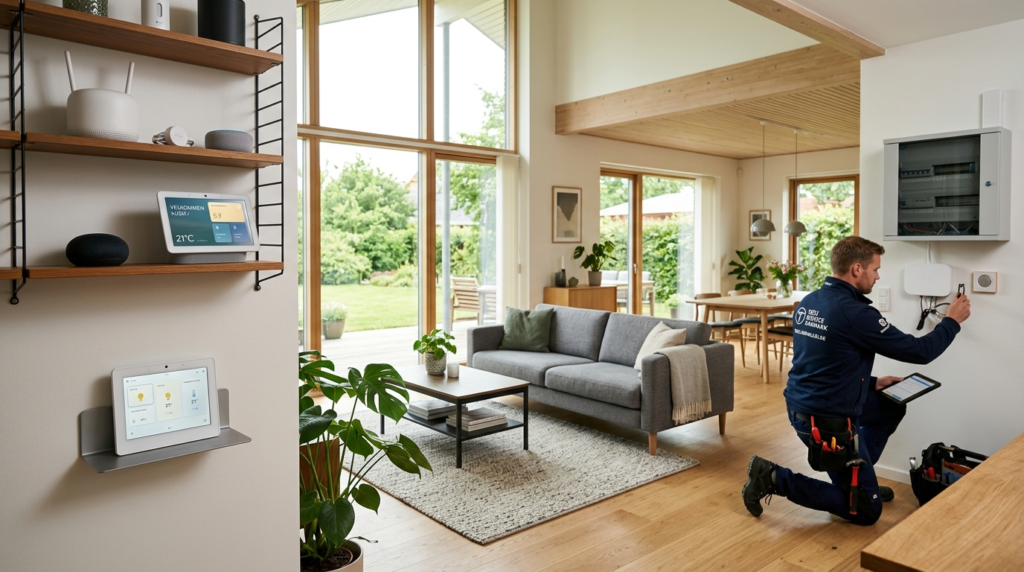 Wide shot of a modern Danish home interior showing interconn