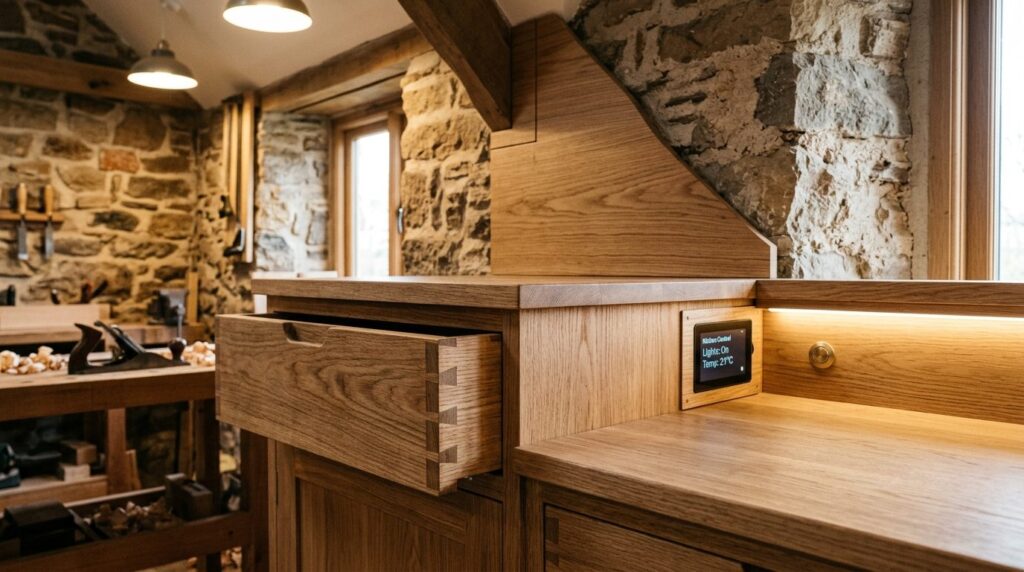 Close-up of a custom-built wooden kitchen cabinetry with pre