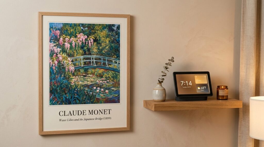 Close-up of framed Claude Monet Japanese Bridge poster hangi