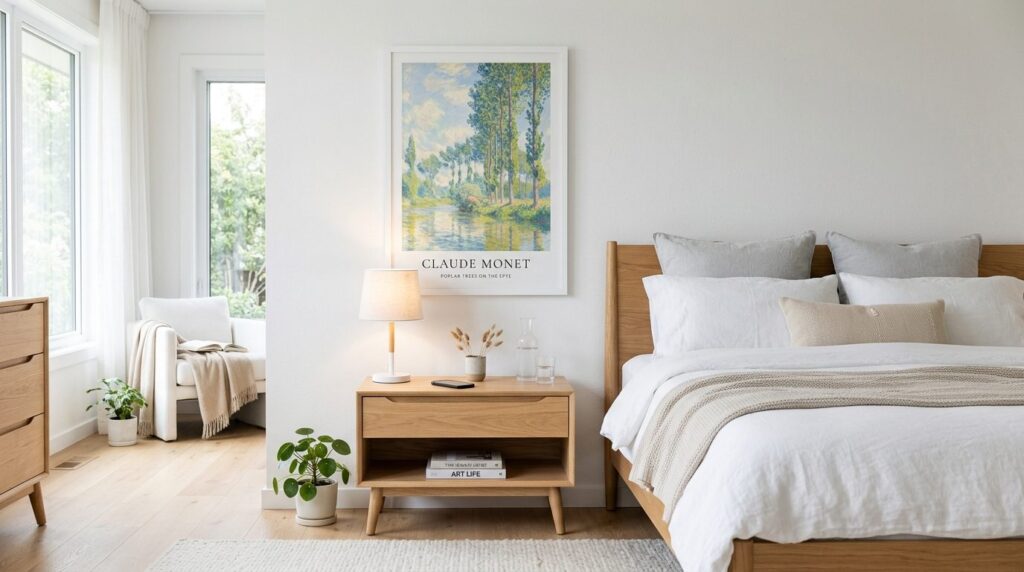 Bright Scandinavian bedroom with Claude Monet Poplar Trees p