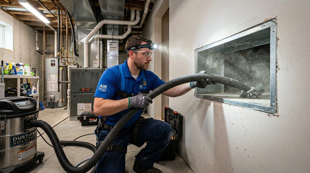 Tekniker renser ventilationsanlæg med professionelt udstyr.