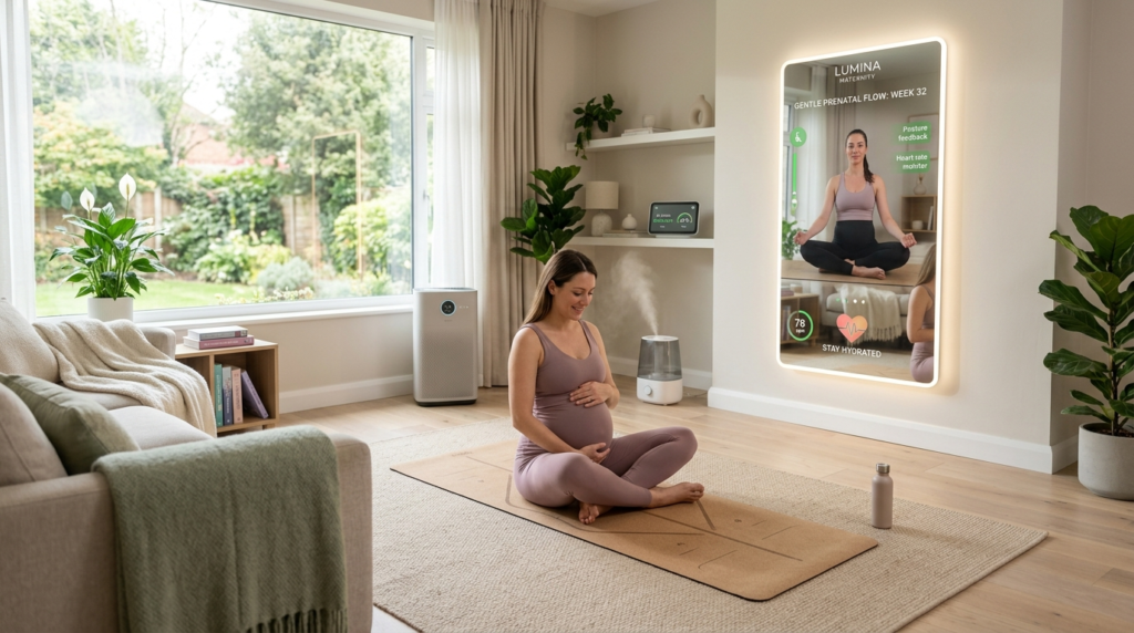 Wide-angle professional photograph of a serene smart living