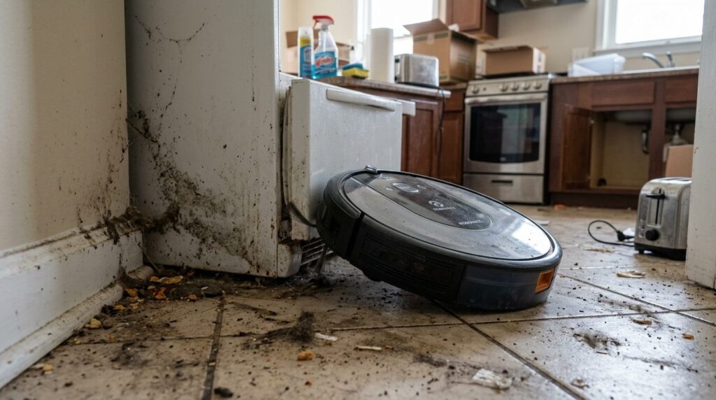 Close-up professional shot of robotic vacuum cleaner failing