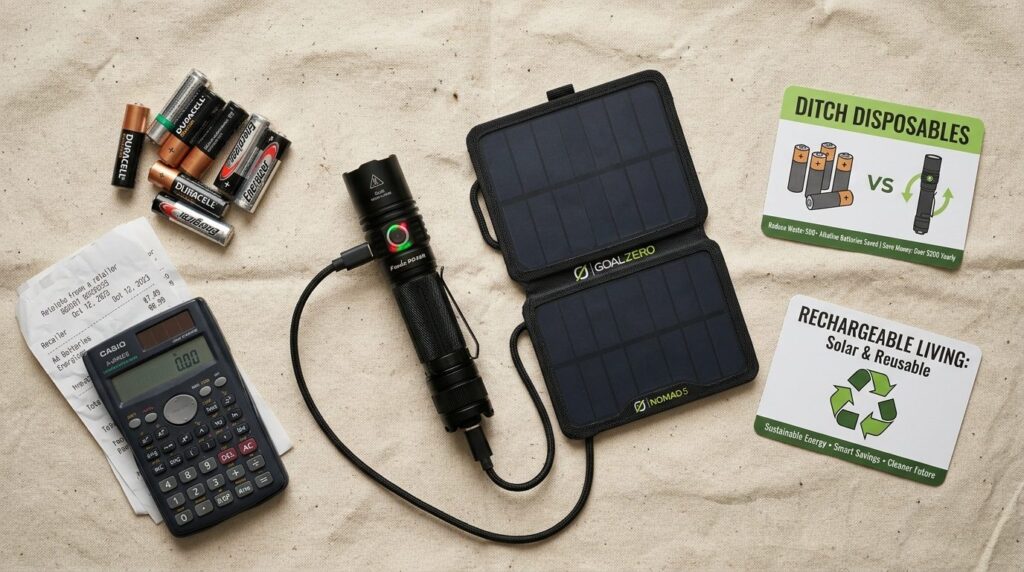 Overhead flat lay photograph in 16:9 ratio of a rechargeable