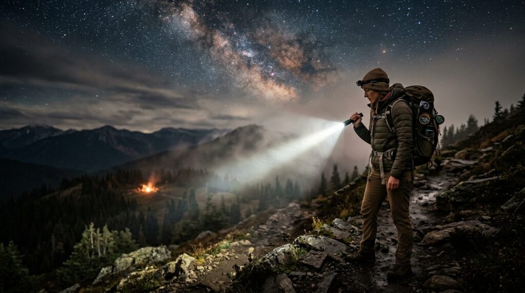 Cinematic 16:9 outdoor photograph of a hiker at night holdin