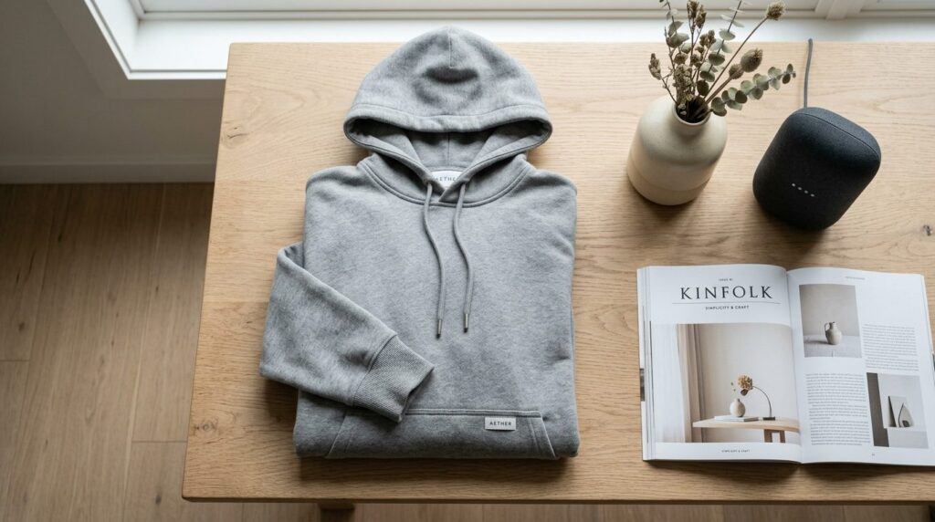Flat lay overhead shot of a luxury grey hoodie arranged on a