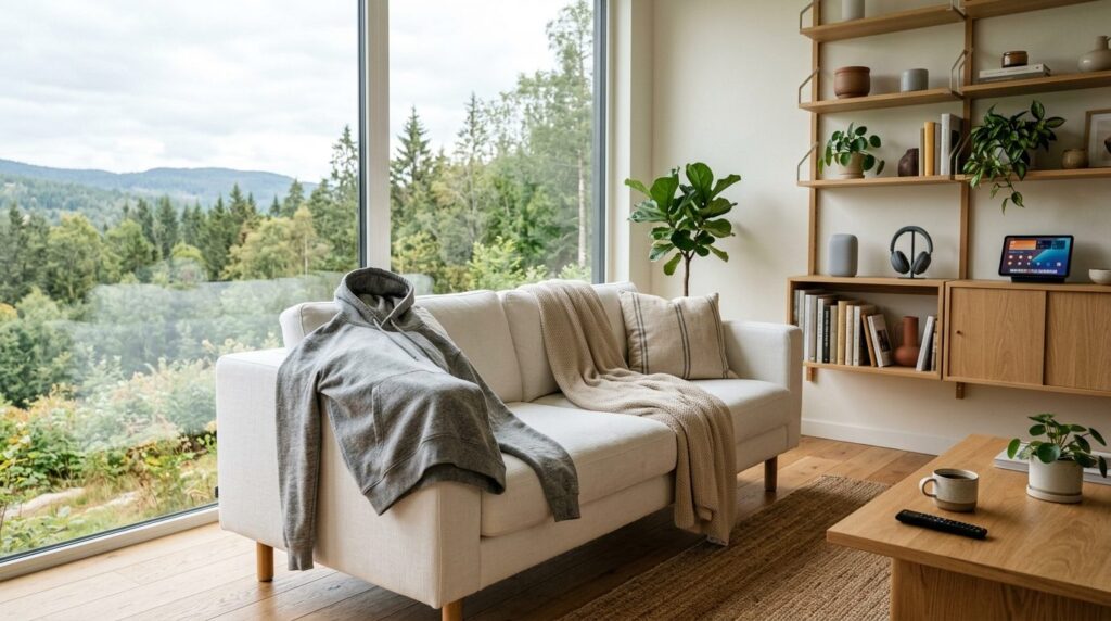 Contemporary smart home interior with a grey melange hoodie