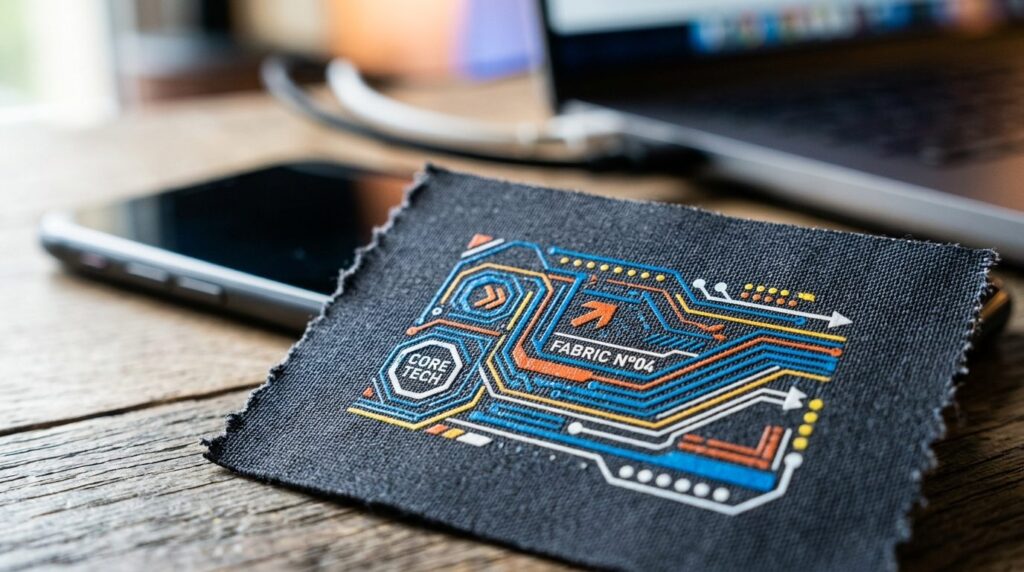 Close-up macro photography of screen-printed fabric swatch s