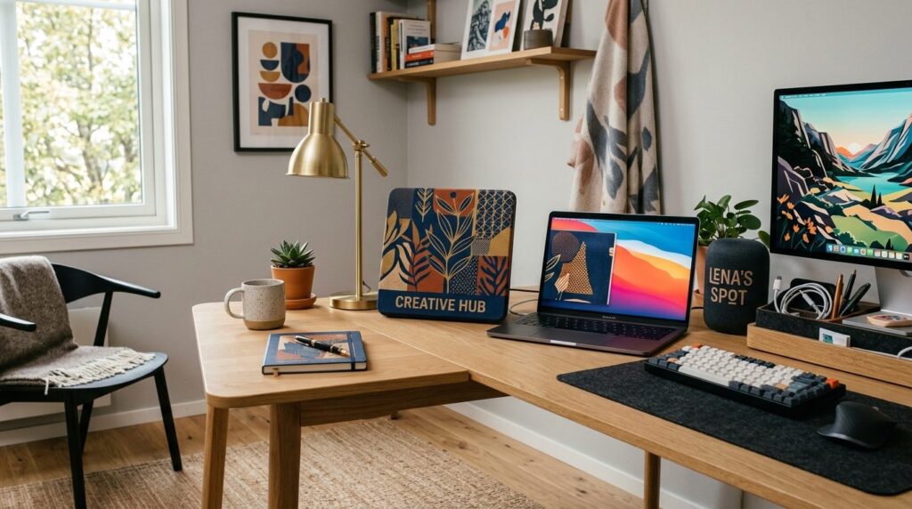 Modern home workspace with personalized smart home devices f