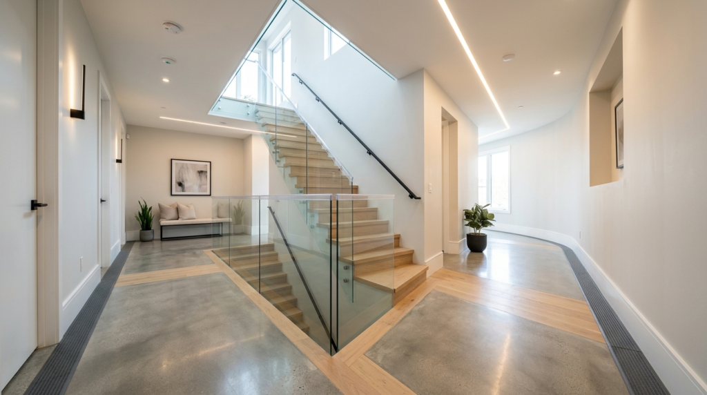 Wide-angle photorealistic image of a bright residential hall