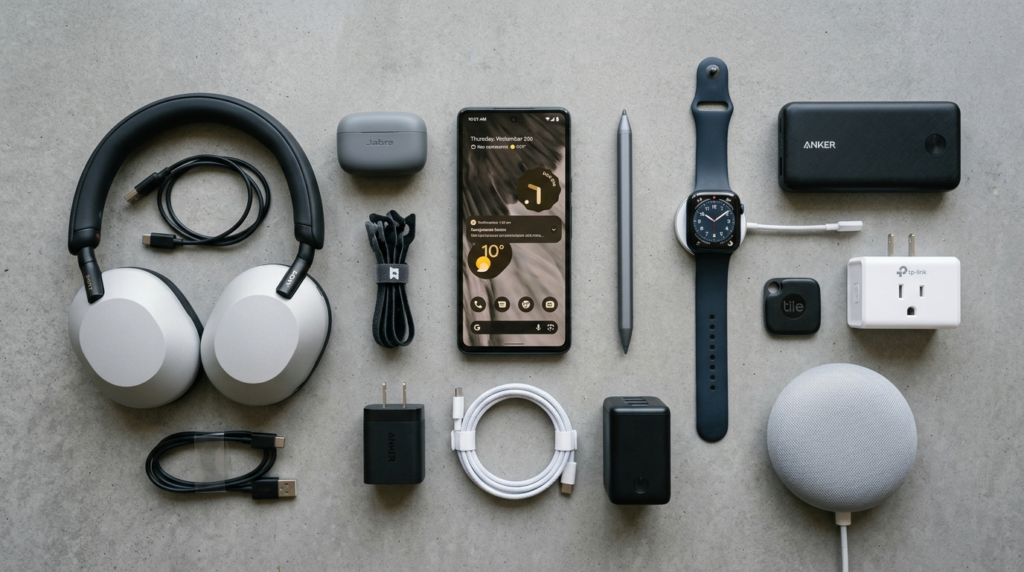 Close-up flat lay photography of various consumer electronic