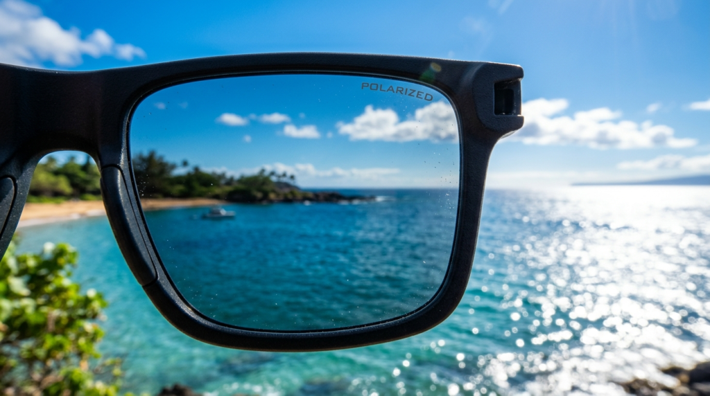 Close-up detailed shot of polarized sunglasses lens showing