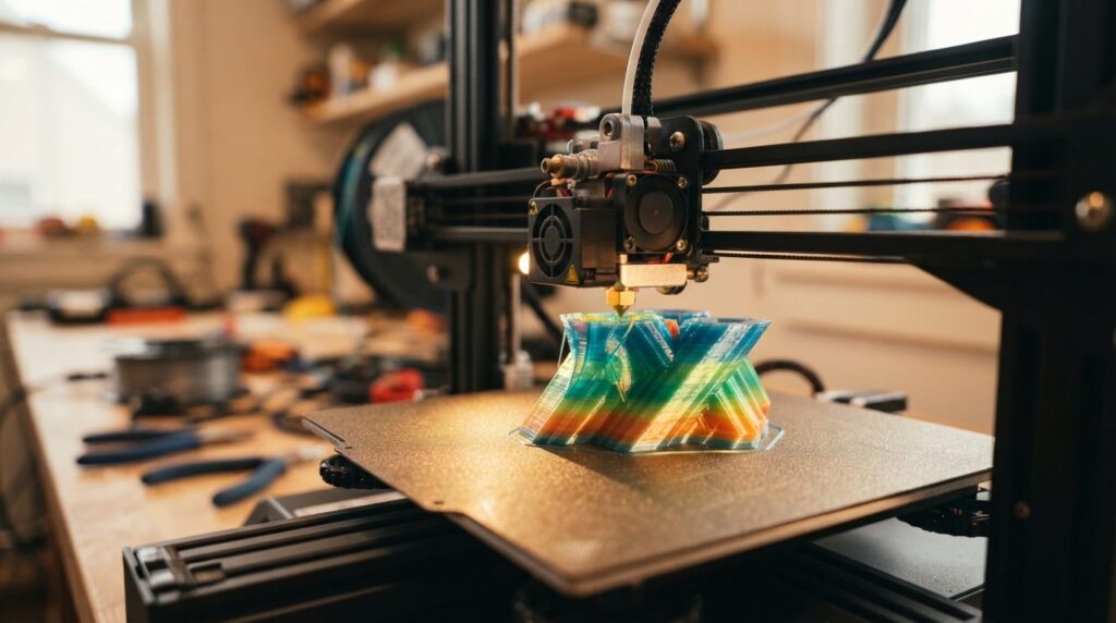 Close-up detailed shot of FDM 3D printer actively printing a