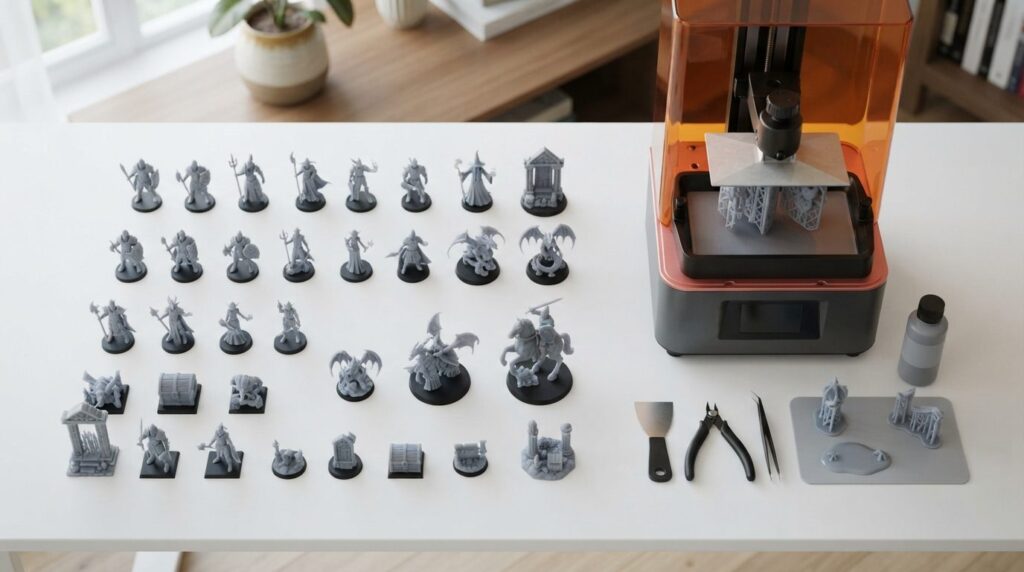 Overhead flat lay of finished 3D printed resin miniature fig