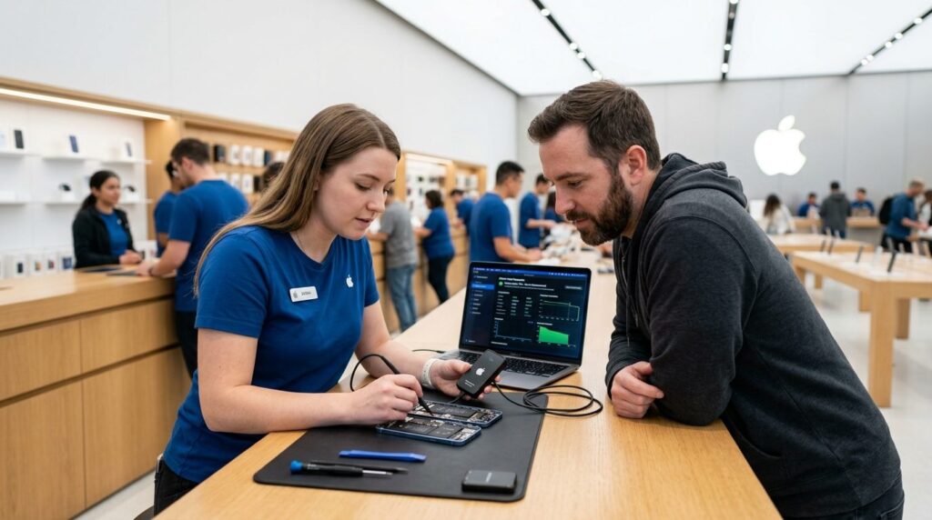Tekniker inspicerer iPhone ved servicedesk.