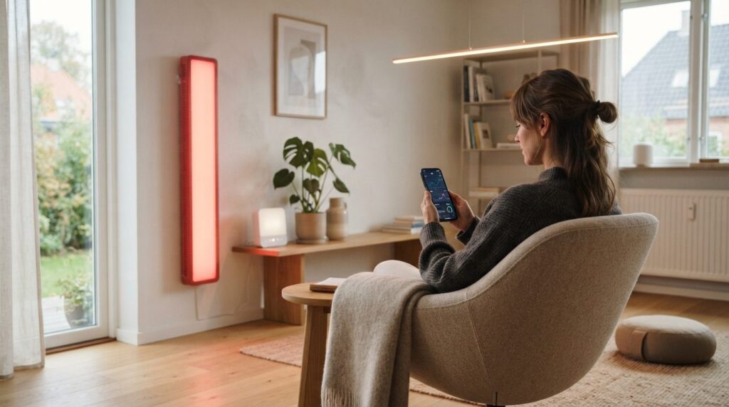 Photorealistic image of a contemporary smart home wellness c