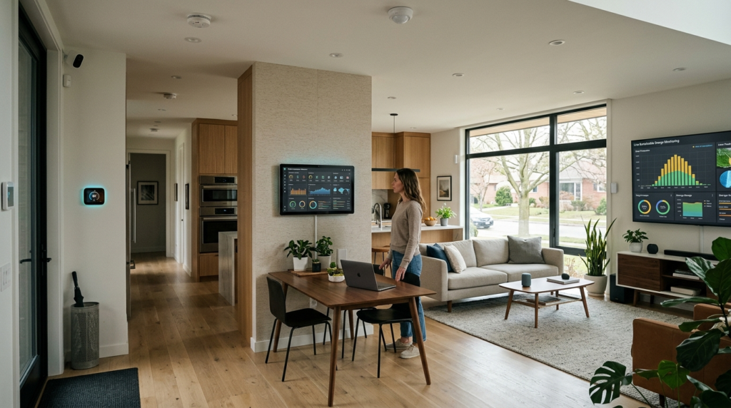 Wide-angle professional photograph of a residential smart ho
