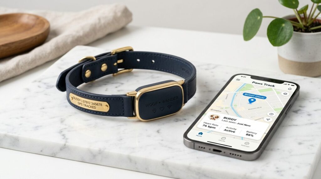 Close-up detail shot of a designer smart dog collar with int