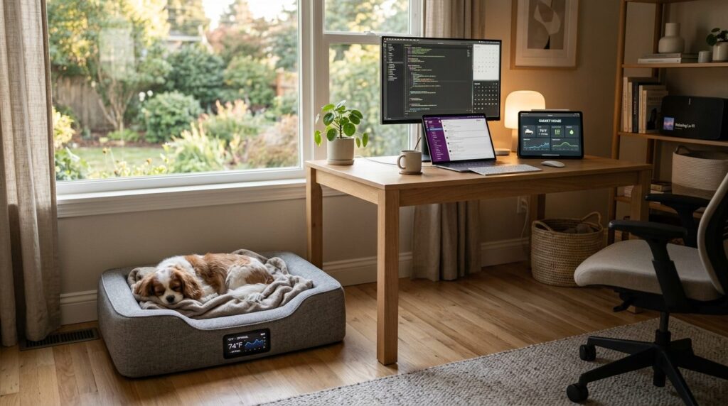 Modern home office environment with a small dog resting on a