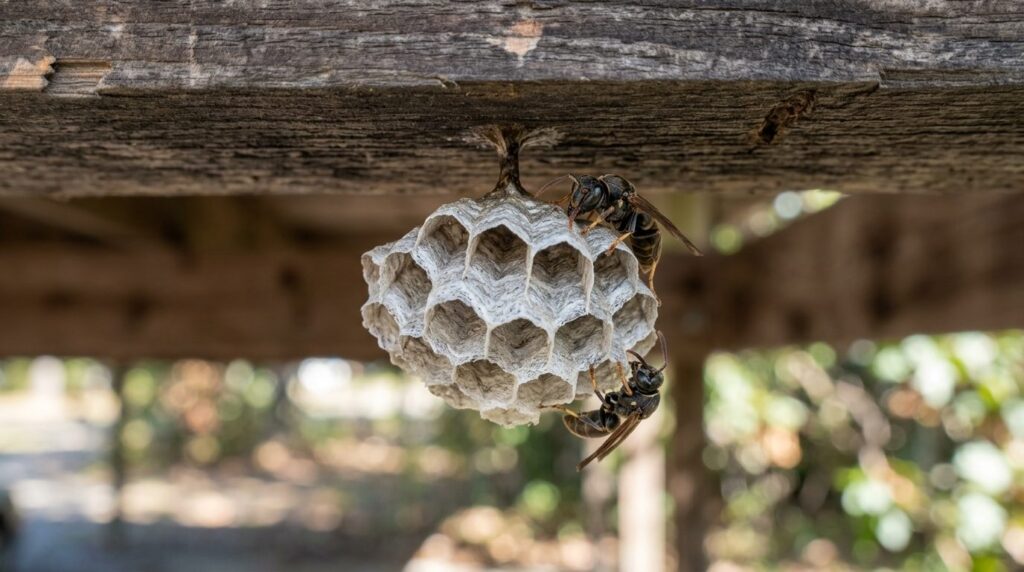 Close-up photorealistic detail of a small paper wasp nest be