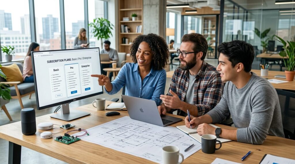 Photorealistic image of a tech startup team of three profess