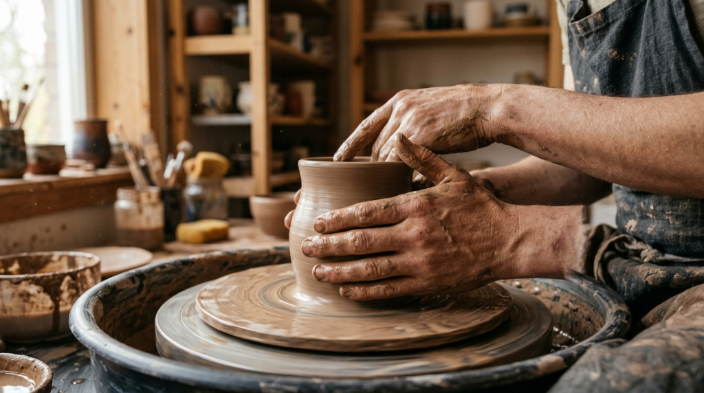 Close-up of skilled hands shaping wet clay on a spinning pot