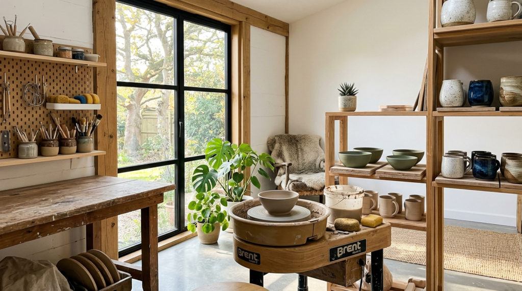 Modern home pottery studio corner with ceramic pieces in var
