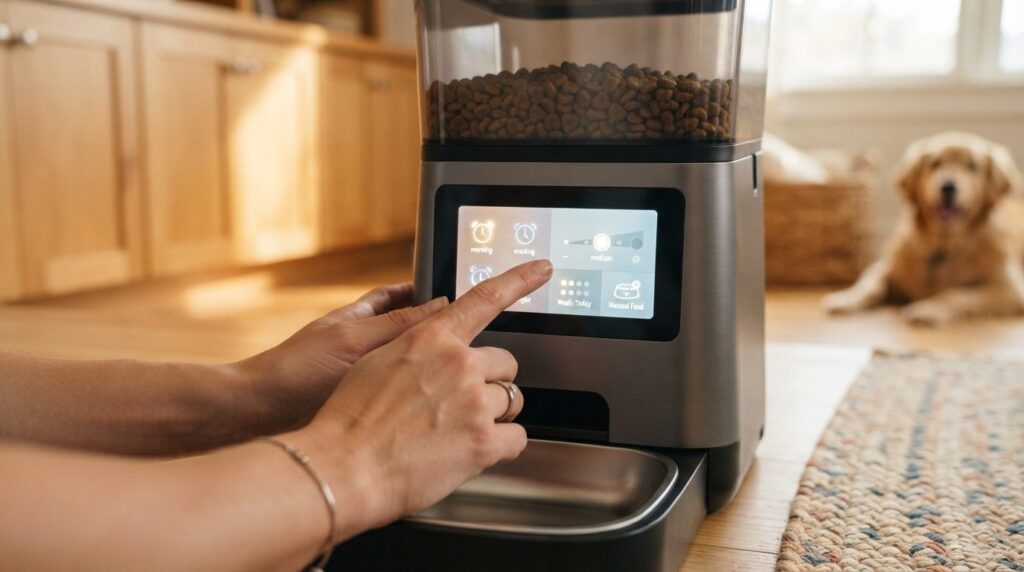 Close-up detail shot of automatic dog feeder control panel a