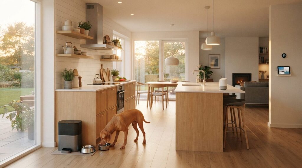 Wide angle shot of a smart home setup showing automatic dog 