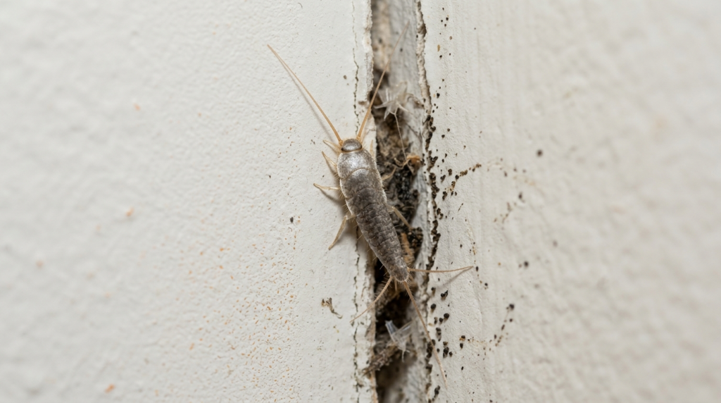 Close-up macro photograph of a silverfish (firebrat) pest on