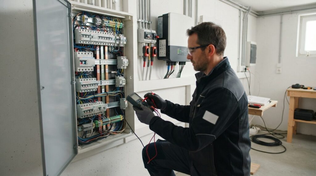 Authorized electrician checking electrical installation and 