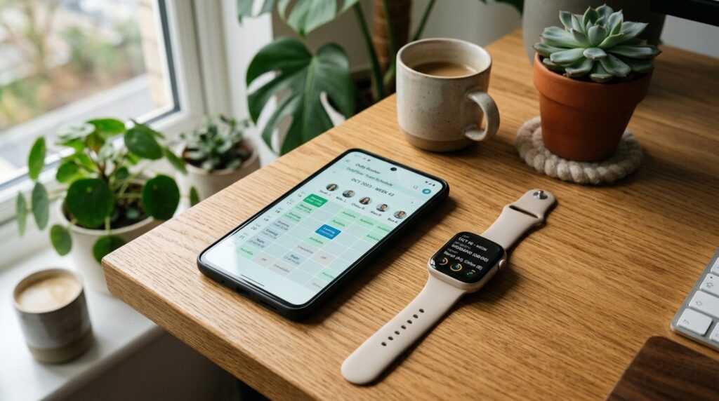 Close-up of a smartphone and smartwatch on a wooden desk dis