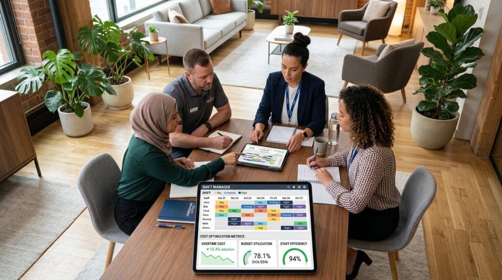 Overhead view of a small team of property managers or facili